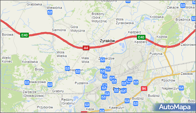 mapa Zawierzbie gmina Żyraków, Zawierzbie gmina Żyraków na mapie Targeo