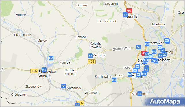 mapa Żerdziny gmina Pietrowice Wielkie, Żerdziny gmina Pietrowice Wielkie na mapie Targeo