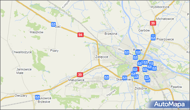 mapa Zielęcice gmina Skarbimierz, Zielęcice gmina Skarbimierz na mapie Targeo