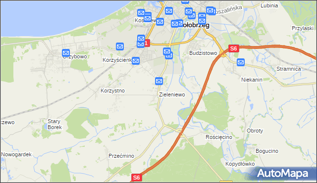 mapa Zieleniewo gmina Kołobrzeg, Zieleniewo gmina Kołobrzeg na mapie Targeo