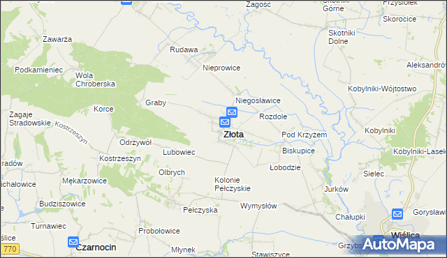 mapa Złota powiat pińczowski, Złota powiat pińczowski na mapie Targeo