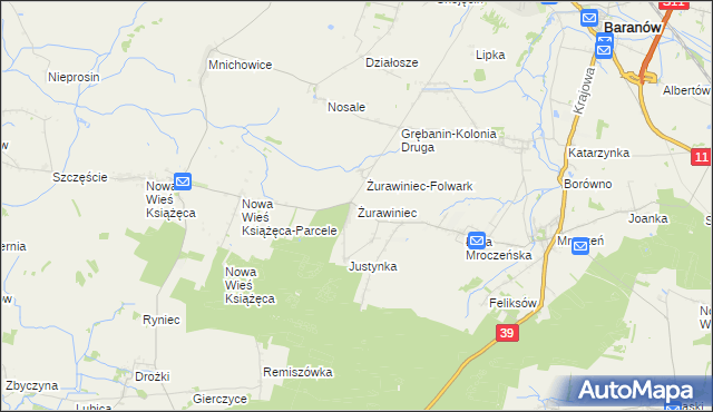 mapa Żurawiniec gmina Baranów, Żurawiniec gmina Baranów na mapie Targeo