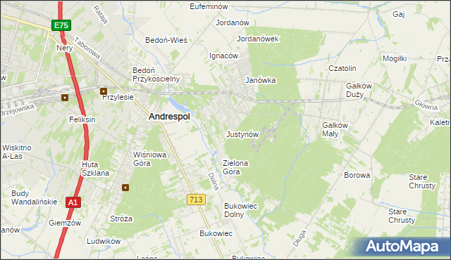 mapa Justynów gmina Andrespol, Justynów gmina Andrespol na mapie Targeo