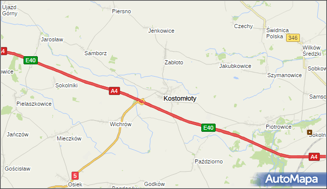 mapa Kostomłoty powiat średzki, Kostomłoty powiat średzki na mapie Targeo