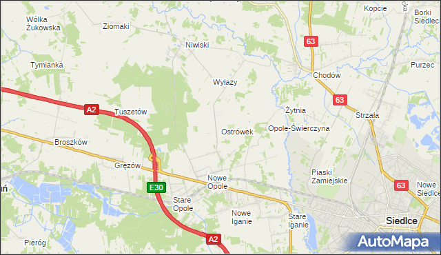 mapa Ostrówek gmina Siedlce, Ostrówek gmina Siedlce na mapie Targeo