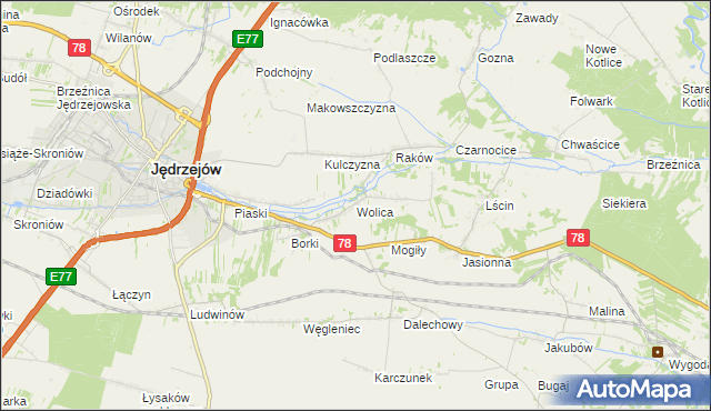 mapa Wolica gmina Jędrzejów, Wolica gmina Jędrzejów na mapie Targeo