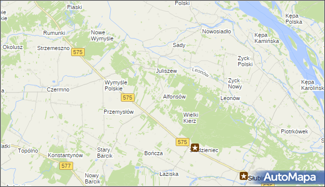 mapa Alfonsów gmina Słubice, Alfonsów gmina Słubice na mapie Targeo