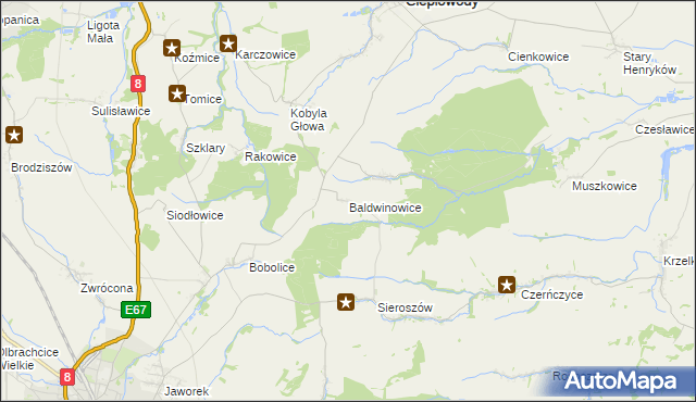 mapa Baldwinowice gmina Ciepłowody, Baldwinowice gmina Ciepłowody na mapie Targeo