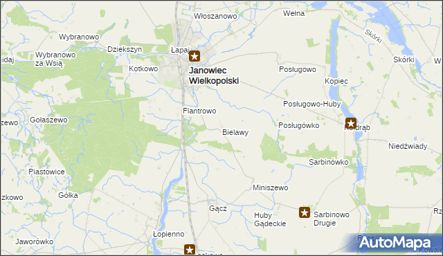 mapa Bielawy gmina Janowiec Wielkopolski, Bielawy gmina Janowiec Wielkopolski na mapie Targeo