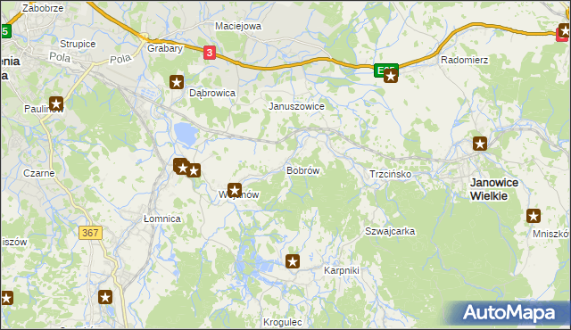 mapa Bobrów gmina Mysłakowice, Bobrów gmina Mysłakowice na mapie Targeo