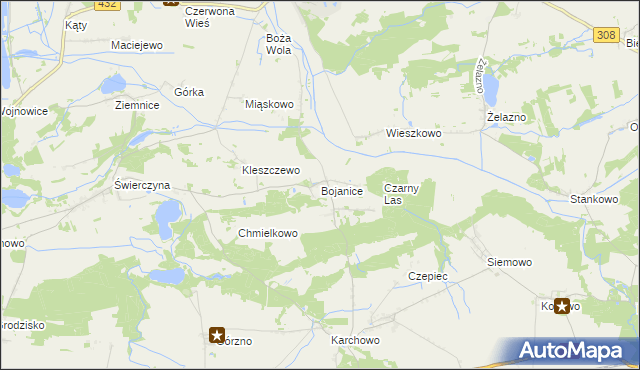 mapa Bojanice gmina Krzemieniewo, Bojanice gmina Krzemieniewo na mapie Targeo