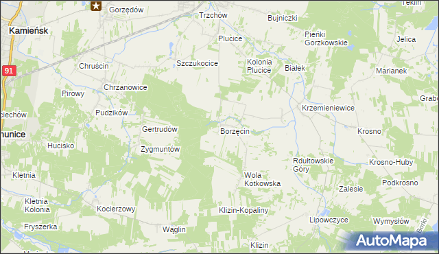 mapa Borzęcin gmina Gorzkowice, Borzęcin gmina Gorzkowice na mapie Targeo