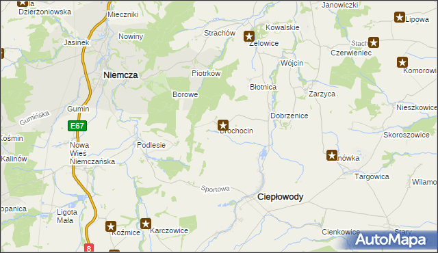 mapa Brochocin gmina Ciepłowody, Brochocin gmina Ciepłowody na mapie Targeo