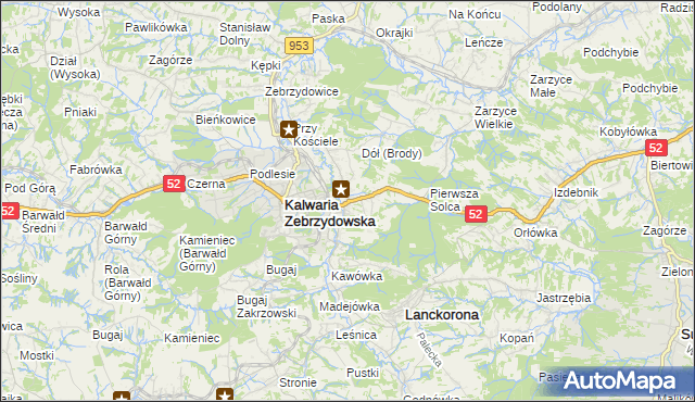 mapa Brody gmina Kalwaria Zebrzydowska, Brody gmina Kalwaria Zebrzydowska na mapie Targeo