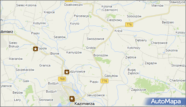 mapa Broniszów gmina Kazimierza Wielka, Broniszów gmina Kazimierza Wielka na mapie Targeo