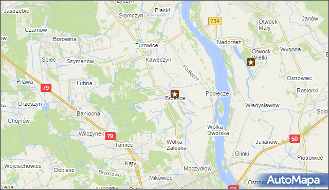 mapa Brześce gmina Góra Kalwaria, Brześce gmina Góra Kalwaria na mapie Targeo