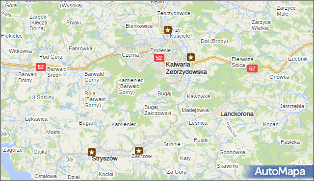 mapa Bugaj gmina Kalwaria Zebrzydowska, Bugaj gmina Kalwaria Zebrzydowska na mapie Targeo