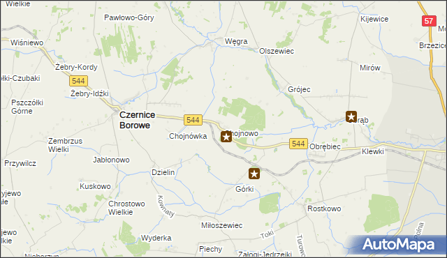 mapa Chojnowo gmina Czernice Borowe, Chojnowo gmina Czernice Borowe na mapie Targeo