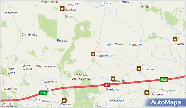 mapa Chraplewo gmina Kuślin, Chraplewo gmina Kuślin na mapie Targeo