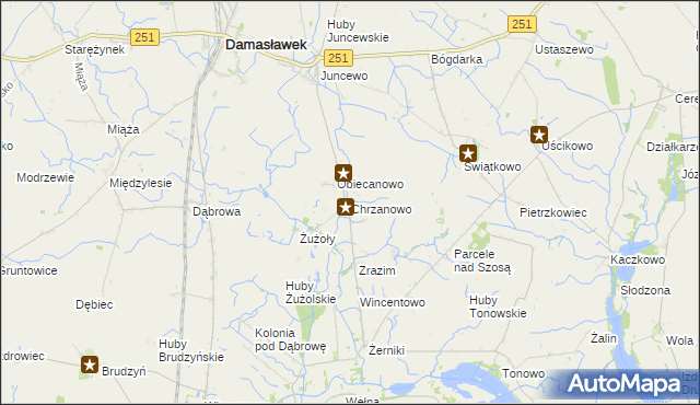 mapa Chrzanowo gmina Janowiec Wielkopolski, Chrzanowo gmina Janowiec Wielkopolski na mapie Targeo