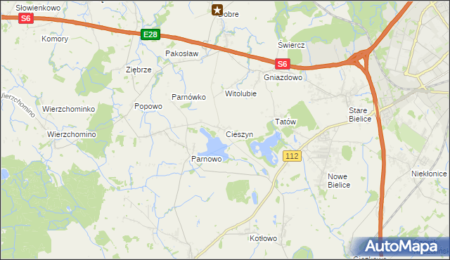 mapa Cieszyn gmina Biesiekierz, Cieszyn gmina Biesiekierz na mapie Targeo