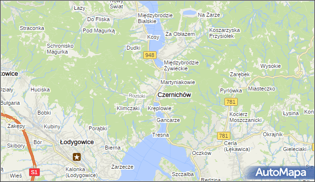 mapa Czernichów powiat żywiecki, Czernichów powiat żywiecki na mapie Targeo