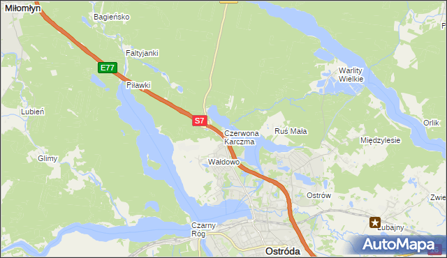 mapa Czerwona Karczma gmina Ostróda, Czerwona Karczma gmina Ostróda na mapie Targeo