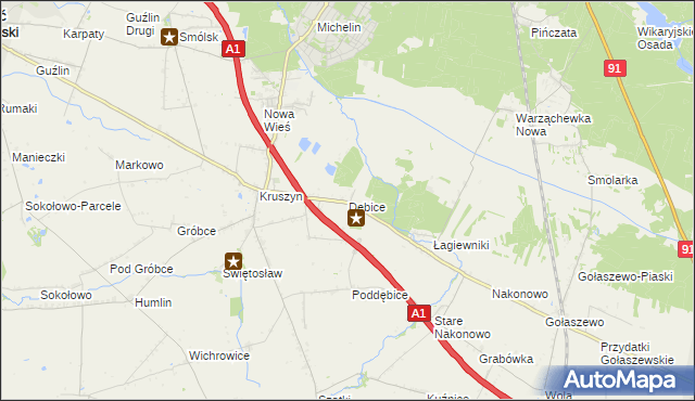 mapa Dębice gmina Włocławek, Dębice gmina Włocławek na mapie Targeo