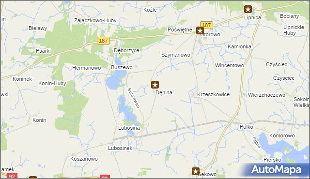 mapa Dębina gmina Pniewy, Dębina gmina Pniewy na mapie Targeo