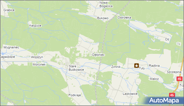 mapa Dębiniec gmina Murów, Dębiniec gmina Murów na mapie Targeo