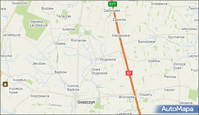 mapa Długowola gmina Goszczyn, Długowola gmina Goszczyn na mapie Targeo