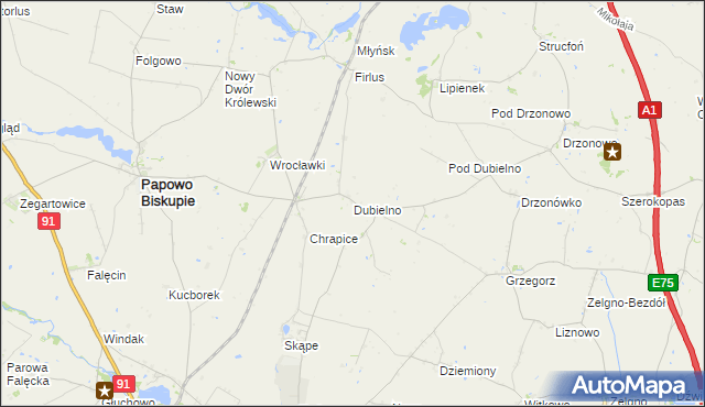 mapa Dubielno gmina Papowo Biskupie, Dubielno gmina Papowo Biskupie na mapie Targeo