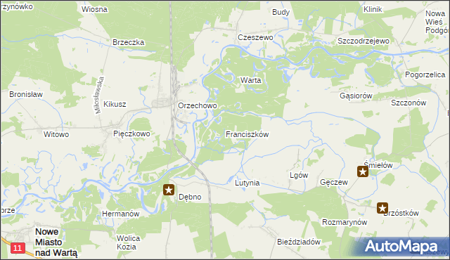 mapa Franciszków gmina Nowe Miasto nad Wartą, Franciszków gmina Nowe Miasto nad Wartą na mapie Targeo