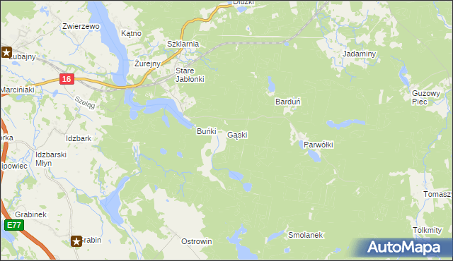 mapa Gąski gmina Ostróda, Gąski gmina Ostróda na mapie Targeo