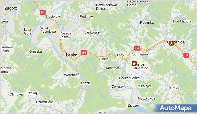 mapa Glinne gmina Lesko, Glinne gmina Lesko na mapie Targeo