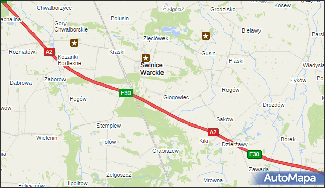 mapa Głogowiec gmina Świnice Warckie, Głogowiec gmina Świnice Warckie na mapie Targeo