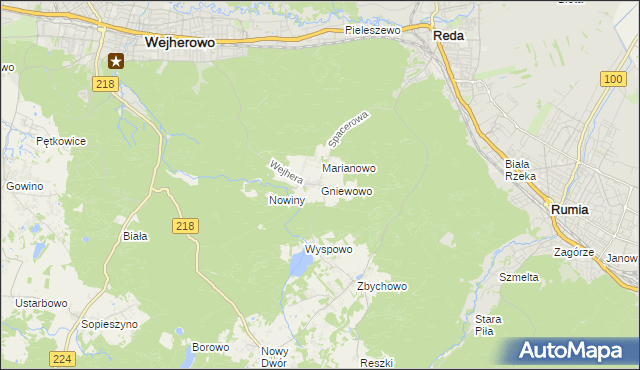 mapa Gniewowo gmina Wejherowo, Gniewowo gmina Wejherowo na mapie Targeo