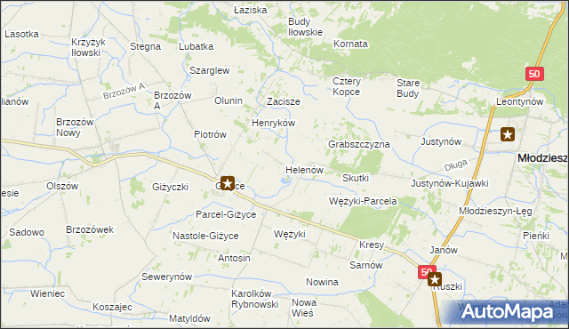 mapa Helenów gmina Młodzieszyn, Helenów gmina Młodzieszyn na mapie Targeo