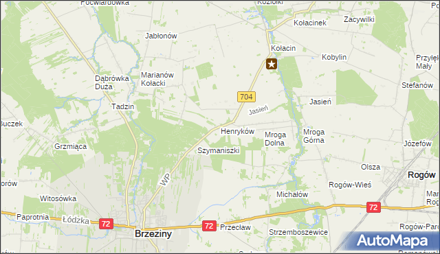 mapa Henryków gmina Brzeziny, Henryków gmina Brzeziny na mapie Targeo