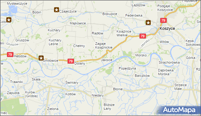 mapa Jaksice gmina Koszyce, Jaksice gmina Koszyce na mapie Targeo