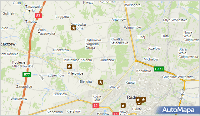 mapa Janiszew gmina Zakrzew, Janiszew gmina Zakrzew na mapie Targeo
