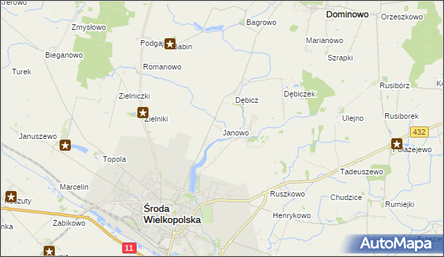 mapa Janowo gmina Środa Wielkopolska, Janowo gmina Środa Wielkopolska na mapie Targeo