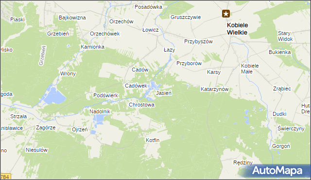 mapa Jasień gmina Kobiele Wielkie, Jasień gmina Kobiele Wielkie na mapie Targeo
