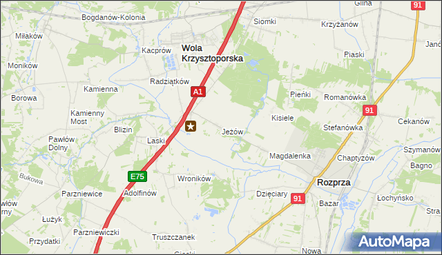 mapa Jeżów gmina Wola Krzysztoporska, Jeżów gmina Wola Krzysztoporska na mapie Targeo