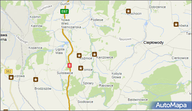 mapa Karczowice gmina Ciepłowody, Karczowice gmina Ciepłowody na mapie Targeo