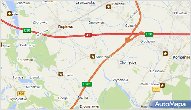 mapa Konarzewo gmina Dopiewo, Konarzewo gmina Dopiewo na mapie Targeo