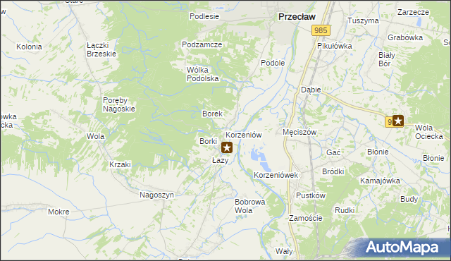 mapa Korzeniów gmina Żyraków, Korzeniów gmina Żyraków na mapie Targeo