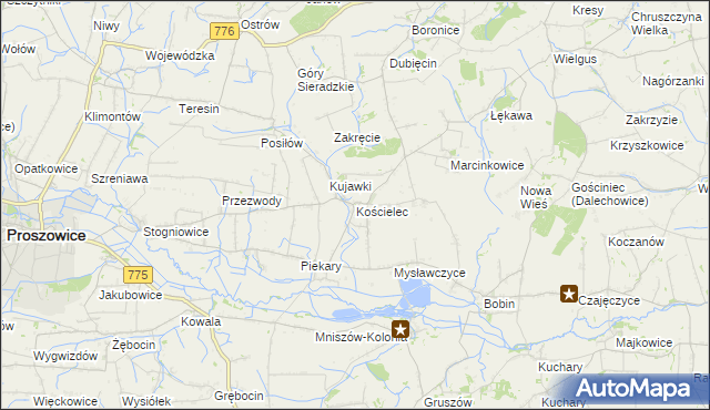 mapa Kościelec gmina Proszowice, Kościelec gmina Proszowice na mapie Targeo