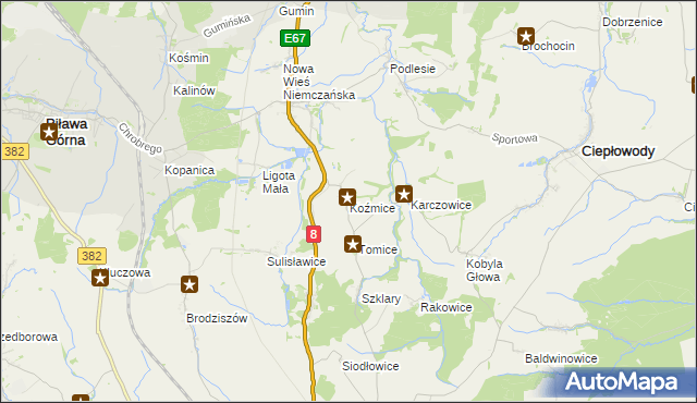 mapa Koźmice, Koźmice na mapie Targeo