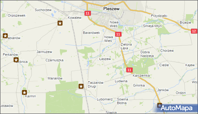 mapa Łaszew gmina Pleszew, Łaszew gmina Pleszew na mapie Targeo